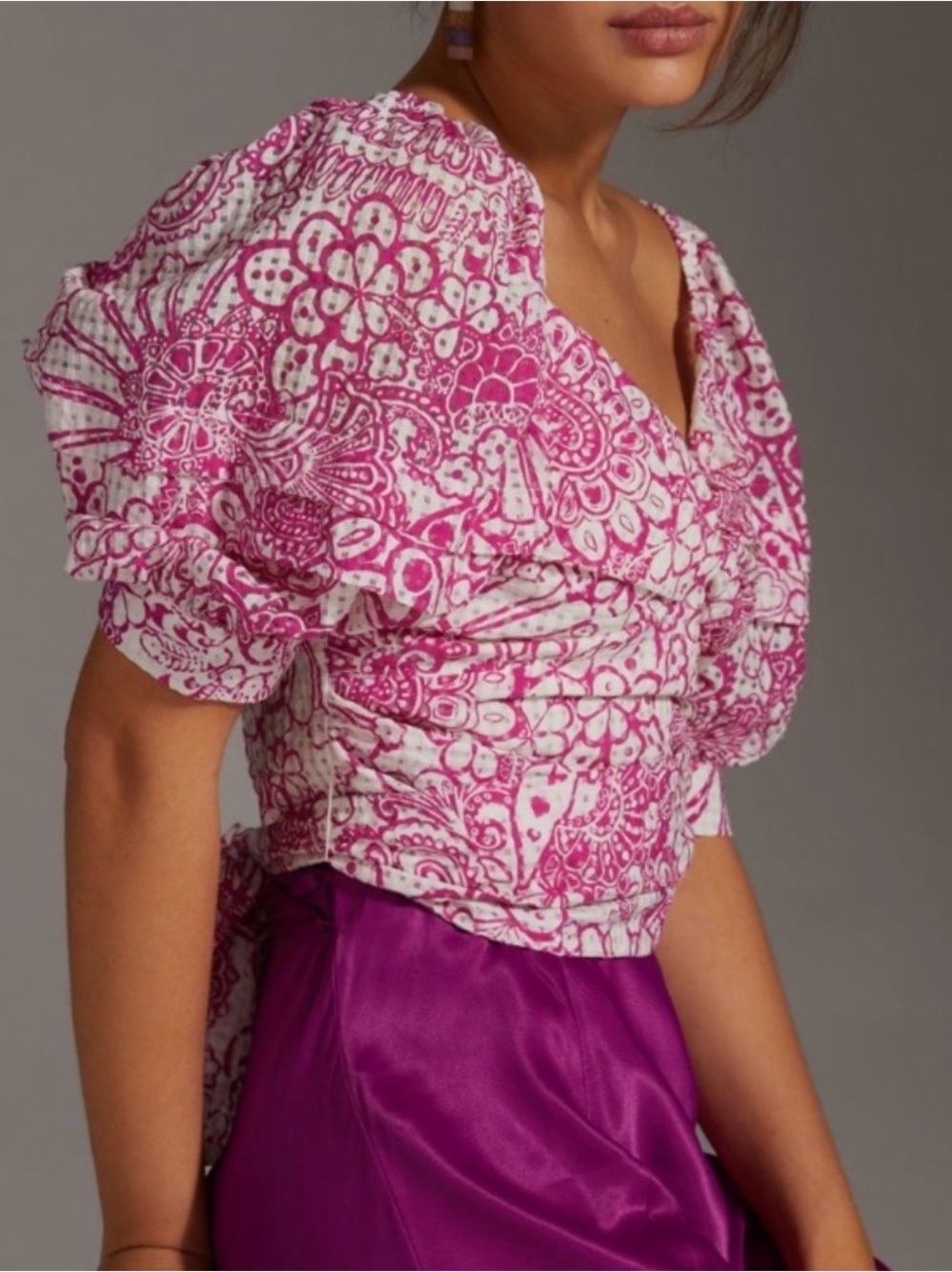 Anthropologie Pink & White Floral Puff-Sleeve Wrap Top